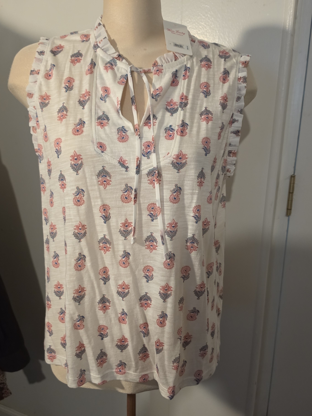 Lucky Brand Cream Blouse with Pink & Blue Floral Accents